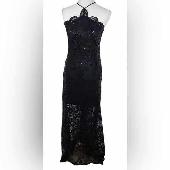 Sexy Black sequin dramatic sheer pattern black tie special occasion prom sz Med - Picture 10 of 11